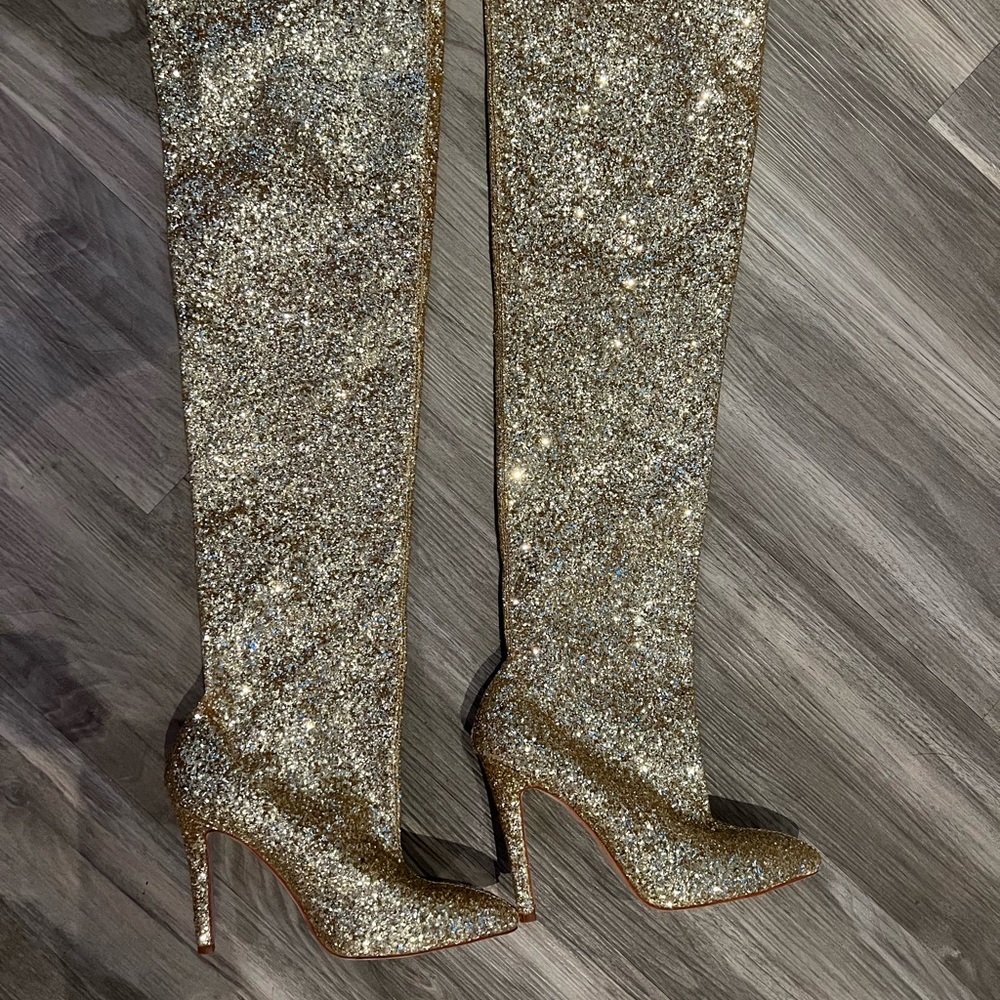 Gold Sparkle Thigh High/Knee High Heeled Boots
